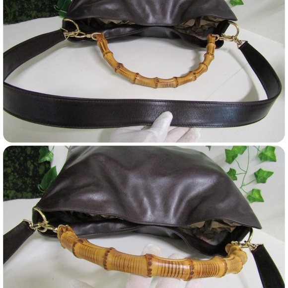AUTHENTIC GUCCI BROWN LEATHER LARGE BAMBOO SHOULDER CROSSBODY BAG - Picture 9 of 15